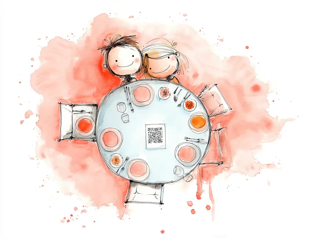 Watercolor illustration of couple at dinner table with QR code