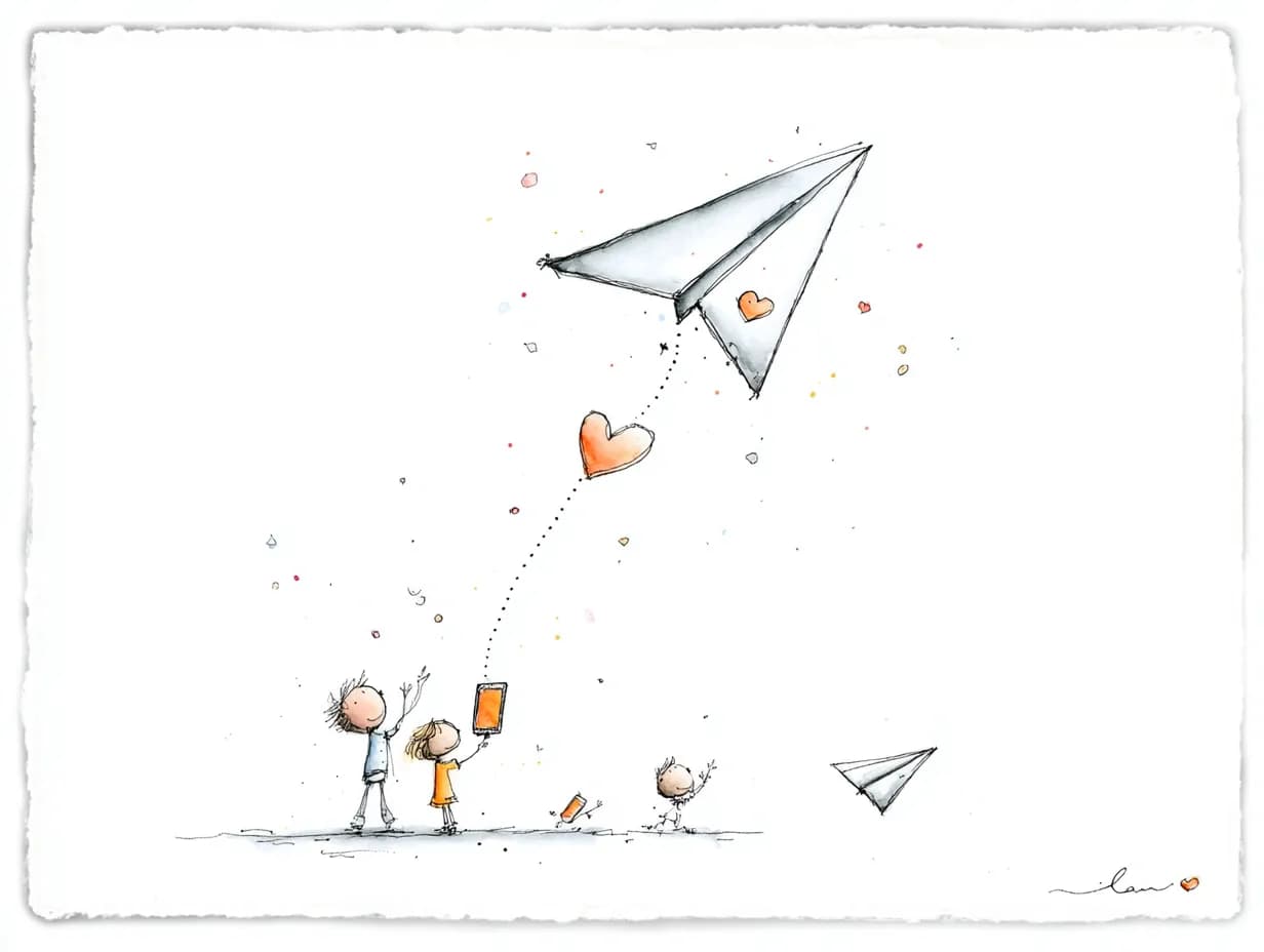 Watercolor illustration of people sending wishes with paper airplane