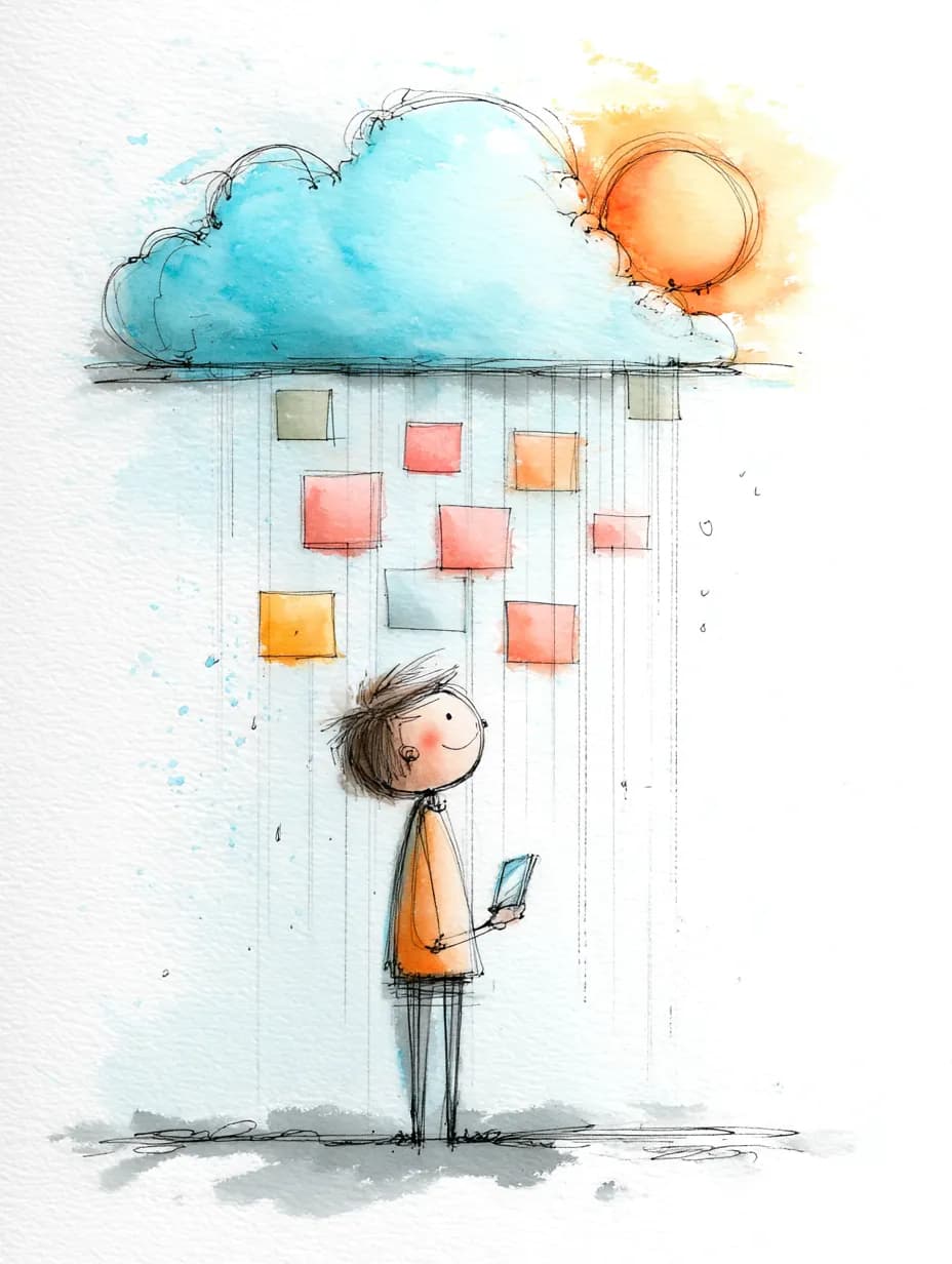 Watercolor illustration of person uploading photos to cloud